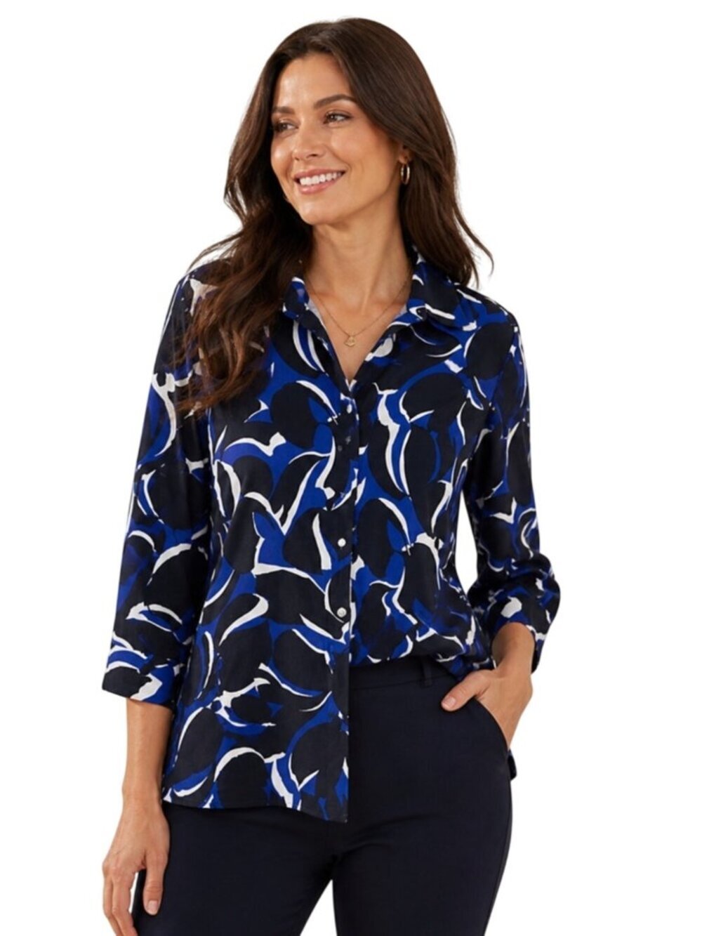 Chicos No-Iron Stretch Santa Maria Tunic 3/4 Sleeve Button-Up Blue & Black Abstr